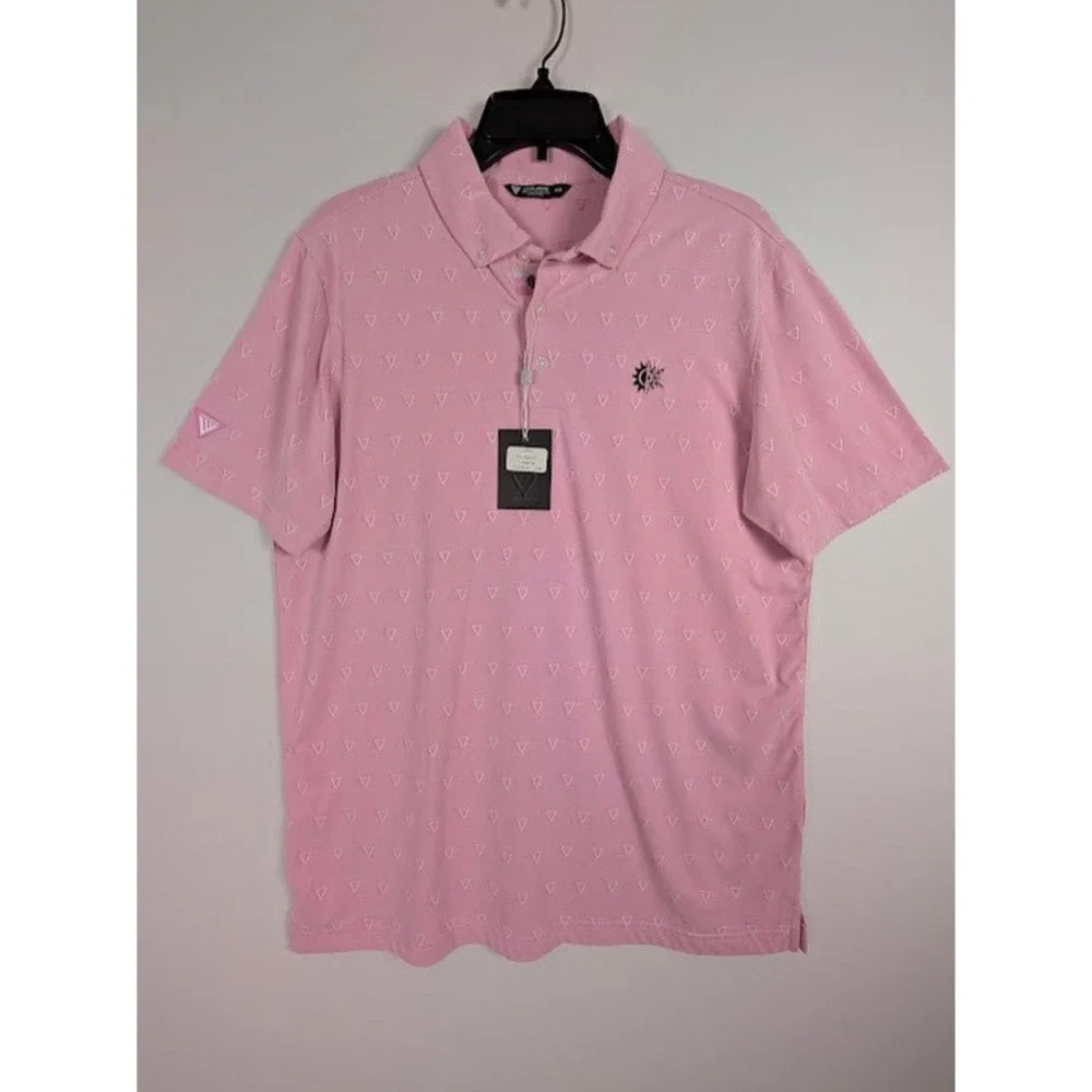 Levelwear Golf Polo Shirt Mens M Pink Geometric Sun/Snowflake Logo Button Collar